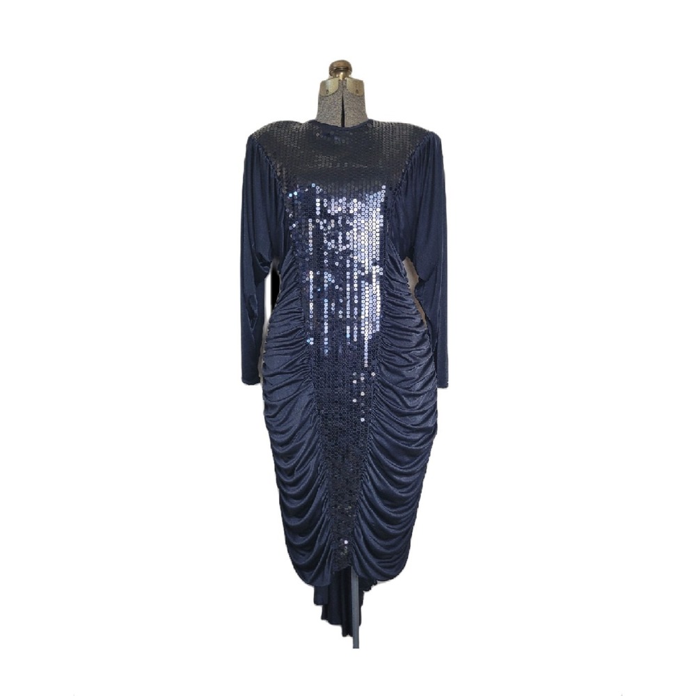 Vintage‎ 1970s 80s Ruched Evening Dress size 14 Black Sequin Susan Vijack